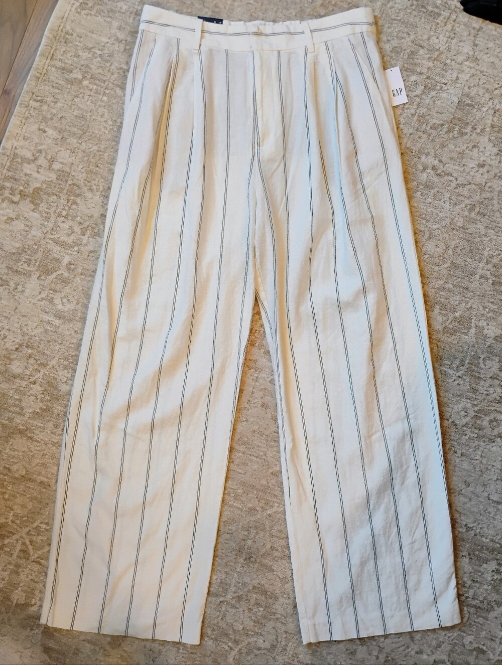 NWT 10 GAP 365 High Rise Linen-Blend Wide Leg Trousers Ivory And Black Pinstripe